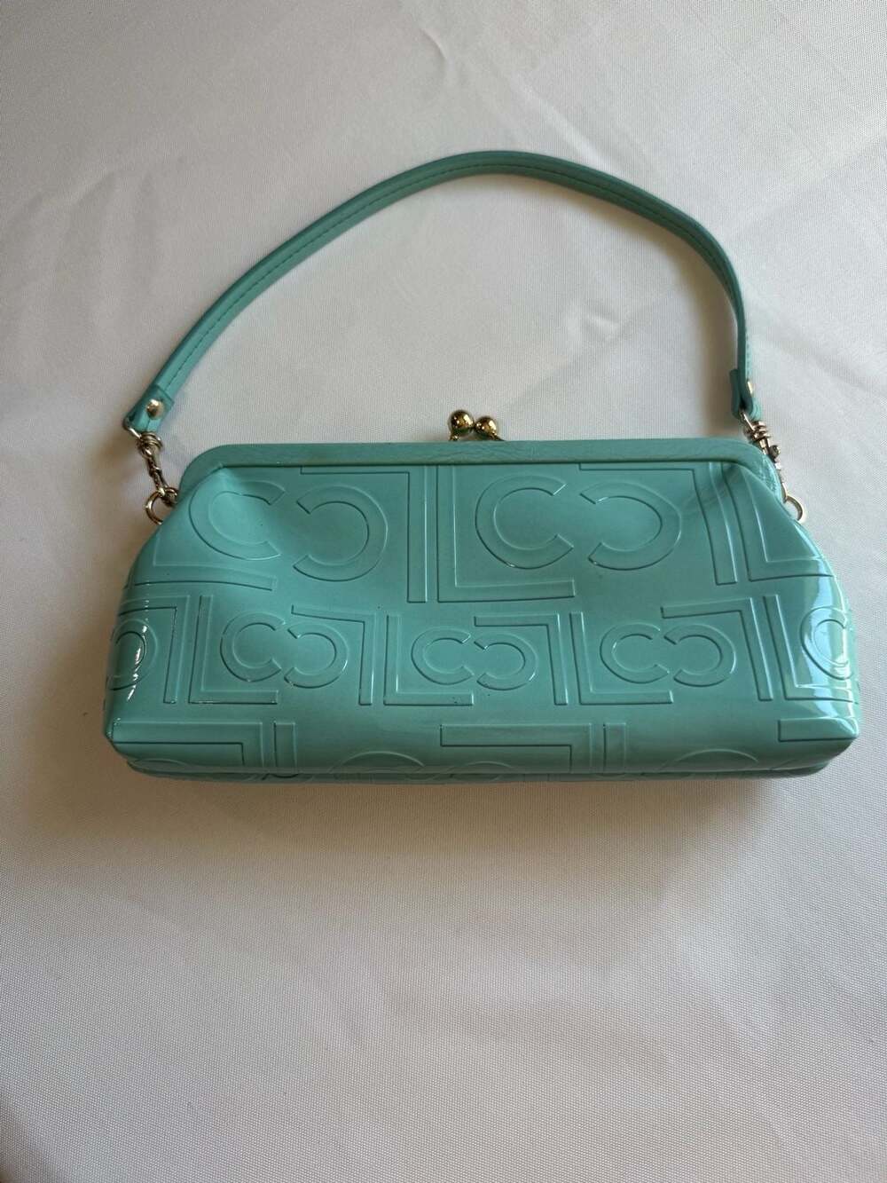 Y2K Patent Mini Shoulder Bag Aqua Monogram Kiss Lock Baguette Purse